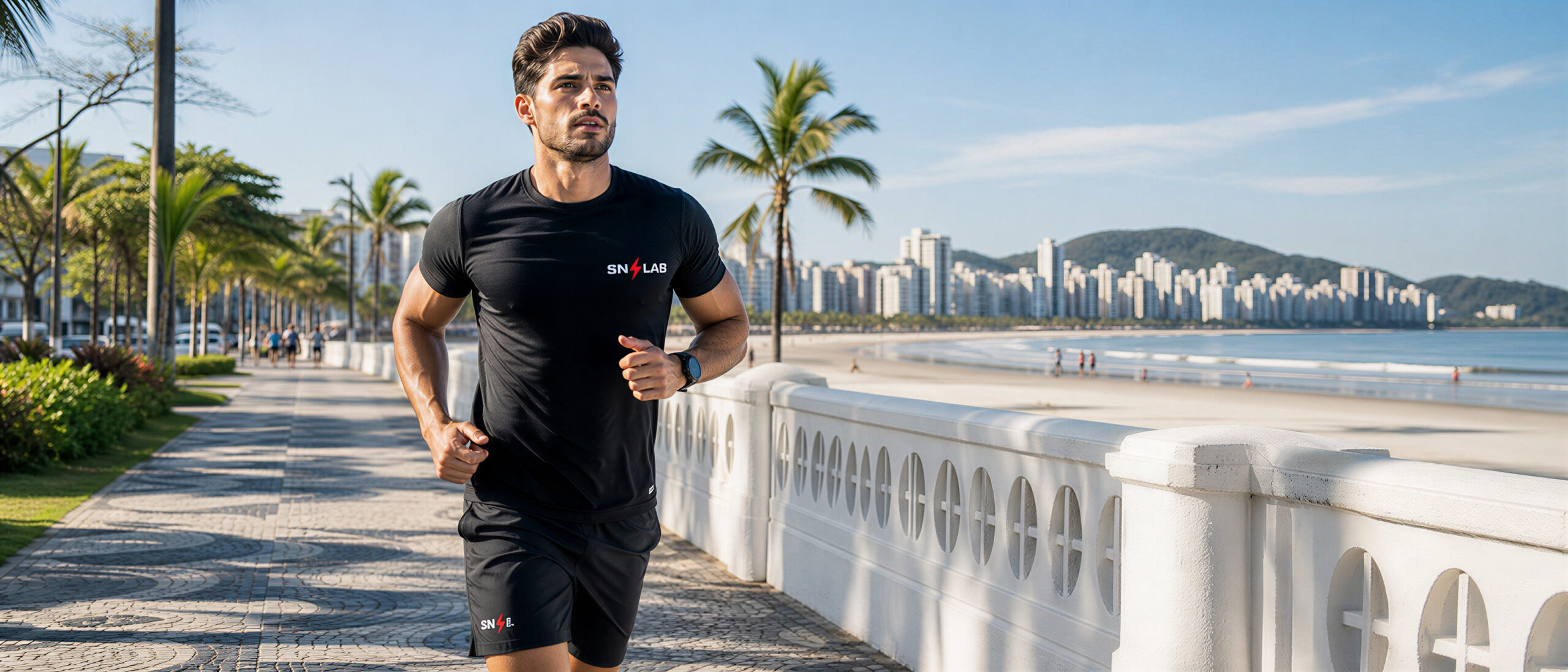 Atleta com camiseta SN LAB correndo na orla de Santos